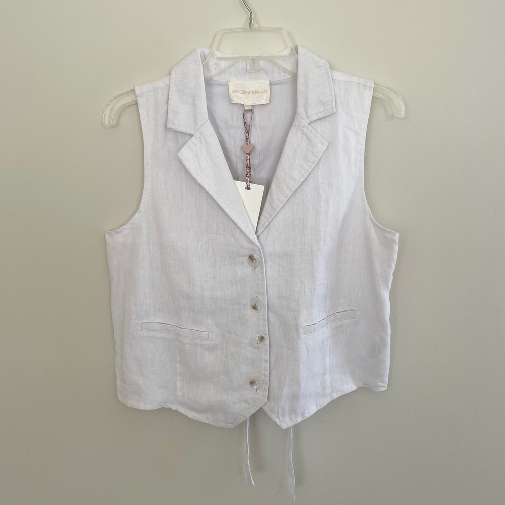 LoveShackFancy White Linen Waistcoat‎ Vest Button Front Tie Back Size 4 NEW